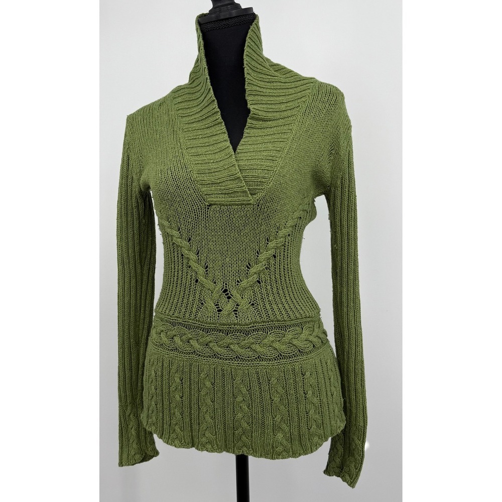 VTG‎ Y2K Twilight Bella Swan Old Navy Cable Knit Green XS V Neck Boho Sweater